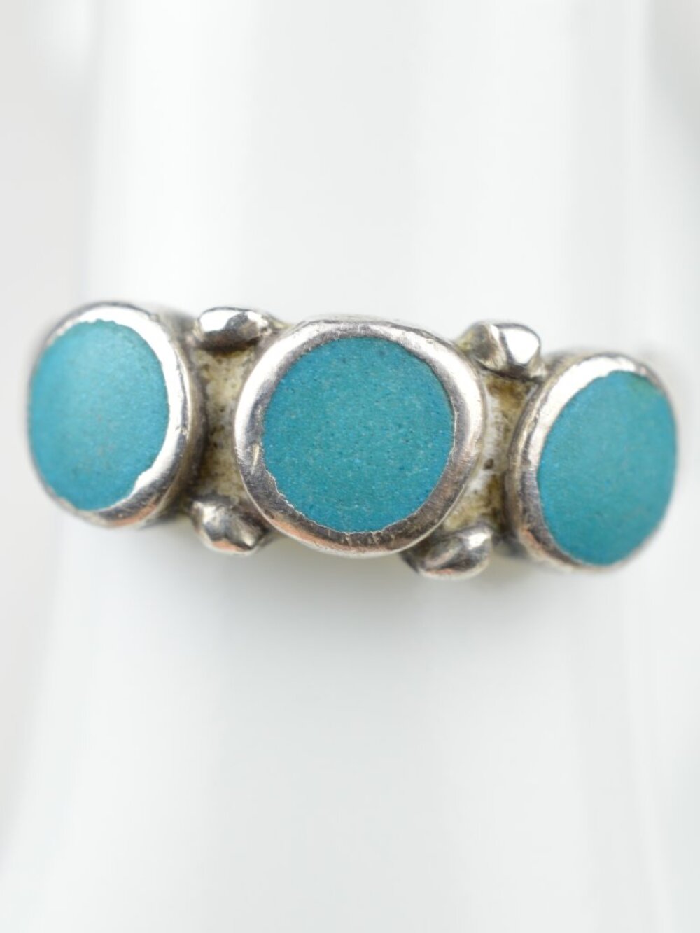 VTG Sterling Silver 3 Stone Turquoise Inlay Ring Size 7.25